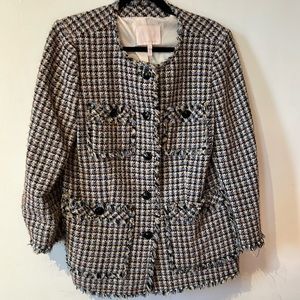 Rebecca Taylor Houndstooth Tweed Cotten Blend Jacket in Robins Egg Combo